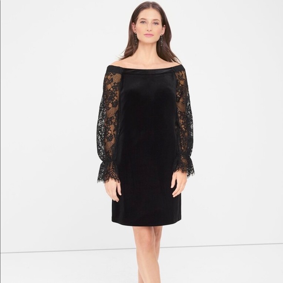 Off-the-shoulder lace sleeve velvet shift dress - Picture 1 of 5